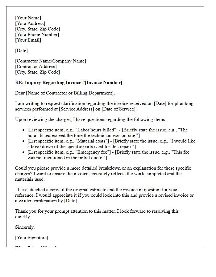 Request for Clarification on Plumbing Contractor Invoice Letter