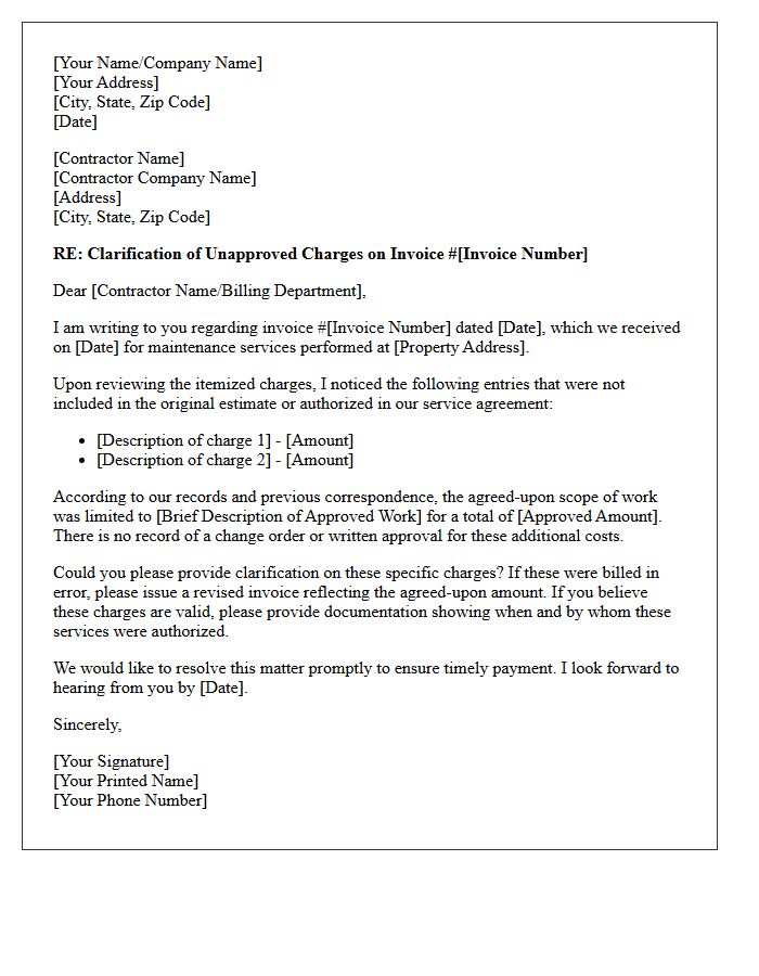 Unapproved Charges Clarification on Maintenance Contractor Invoice Letter