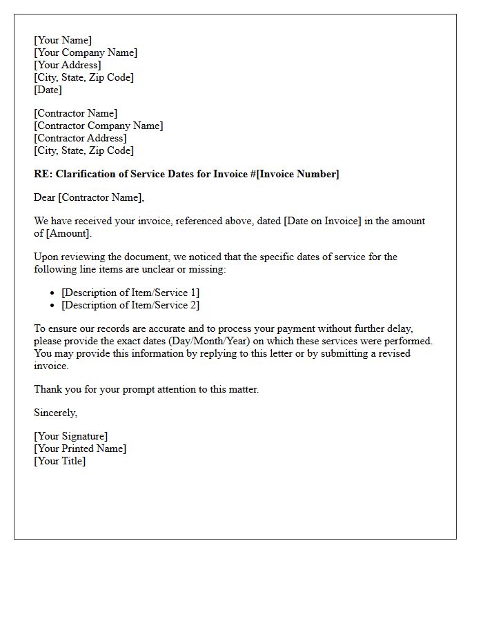 Unclear Service Dates Clarification on Contractor Invoice Letter