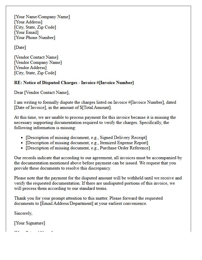 Notification of Disputed Vendor Charges Letter Due to Missing Supporting Documentation