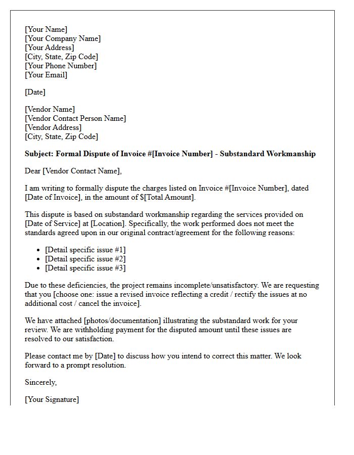 Notification of Disputed Vendor Charges Letter Due to Substandard Workmanship
