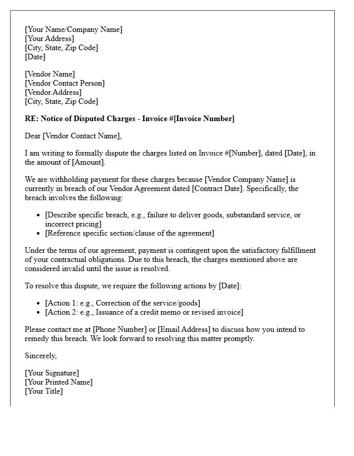 Notification of Disputed Vendor Charges Letter for Breach of Vendor Agreement
