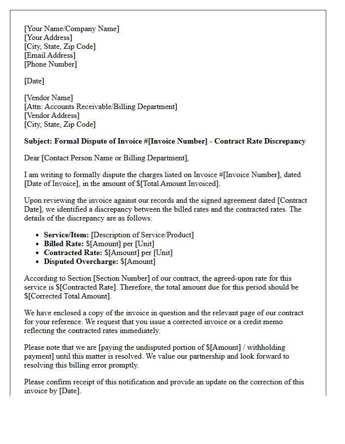 Notification of Disputed Vendor Charges Letter for Contract Rate Discrepancies