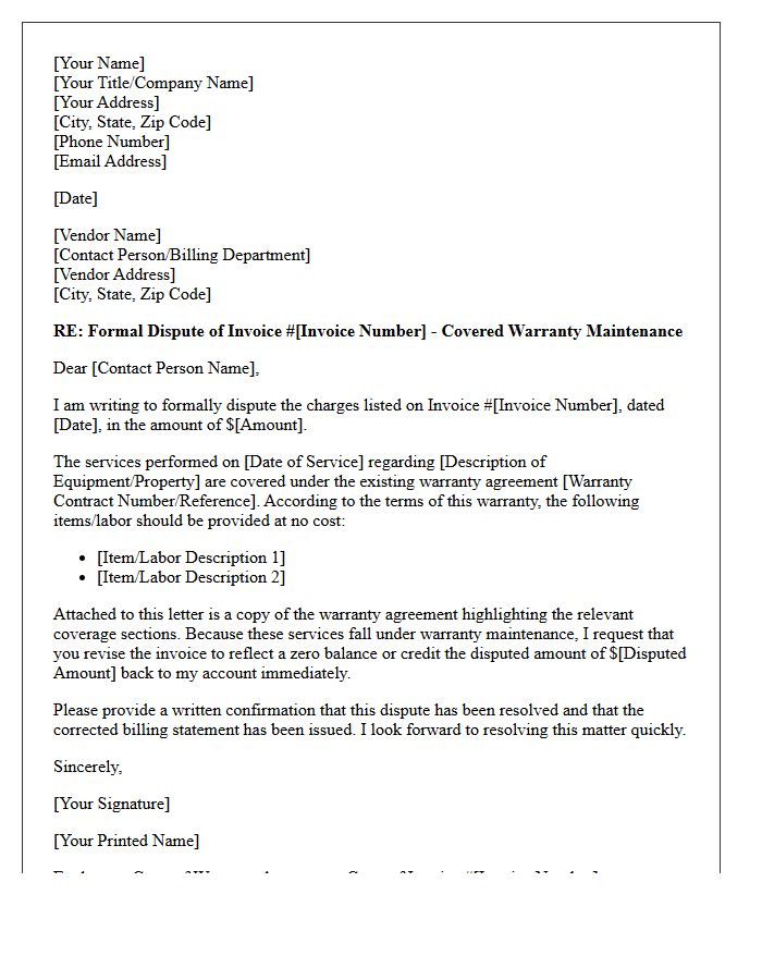 Notification of Disputed Vendor Charges Letter for Covered Warranty Maintenance