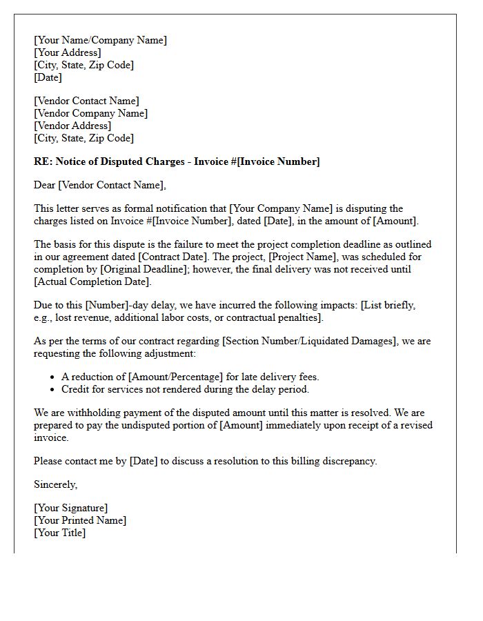 Notification of Disputed Vendor Charges Letter for Delayed Project Completion