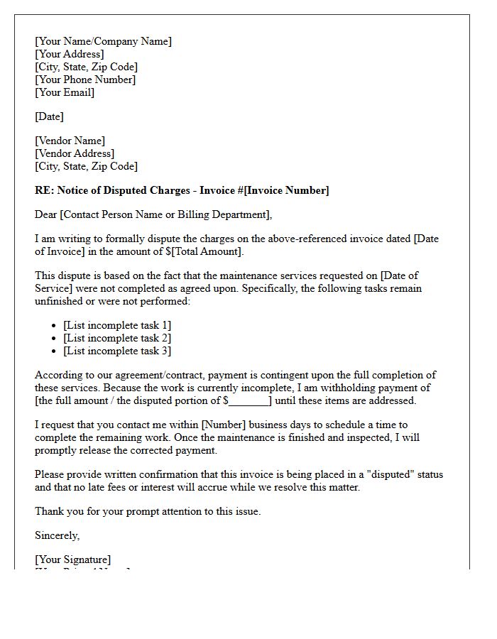 Notification of Disputed Vendor Charges Letter for Incomplete Maintenance Services