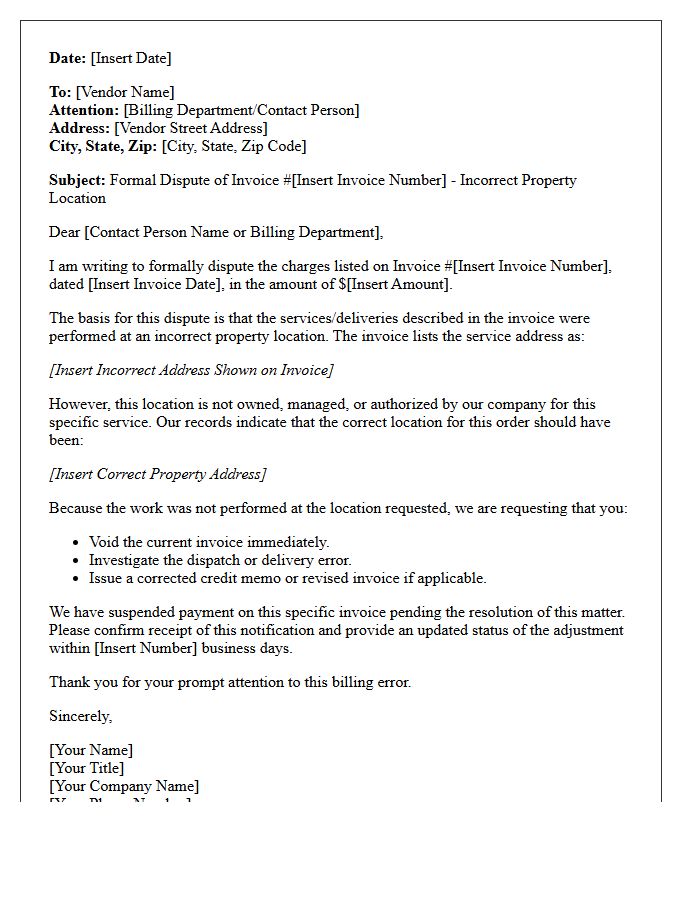 Notification of Disputed Vendor Charges Letter for Incorrect Property Location