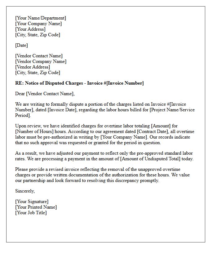 Notification of Disputed Vendor Charges Letter for Unapproved Overtime Labor