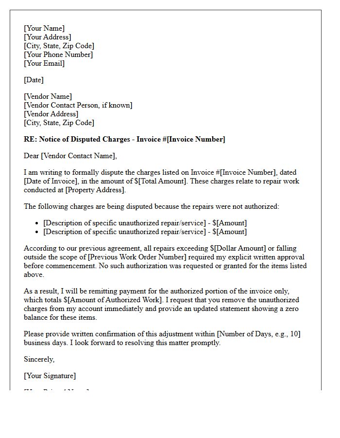 Notification of Disputed Vendor Charges Letter for Unauthorized Property Repairs