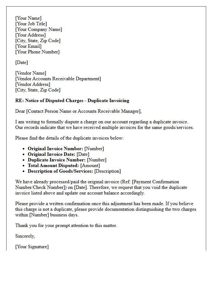 Notification of Disputed Vendor Charges Letter Regarding Duplicate Invoicing