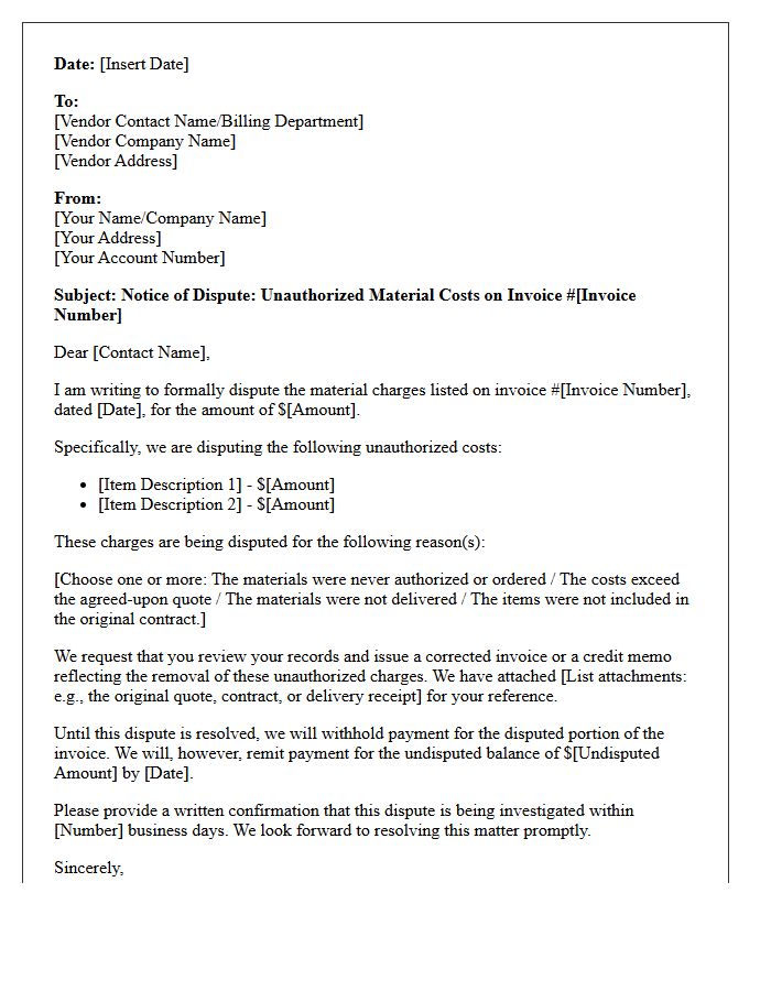 Notification of Disputed Vendor Charges Letter Regarding Unauthorized Material Costs