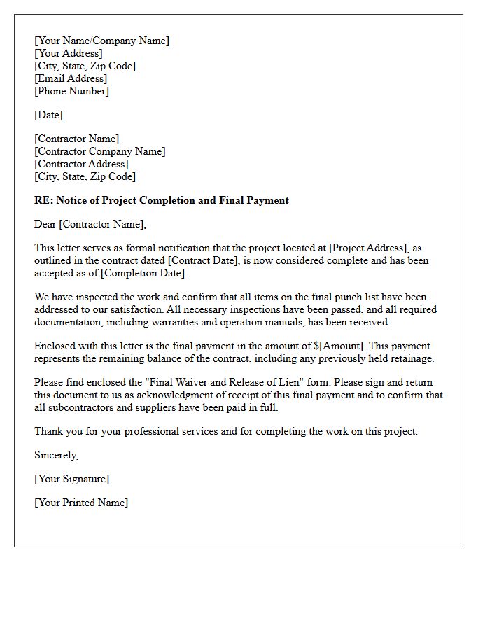 Contractor Project Completion and Final Payment Letter