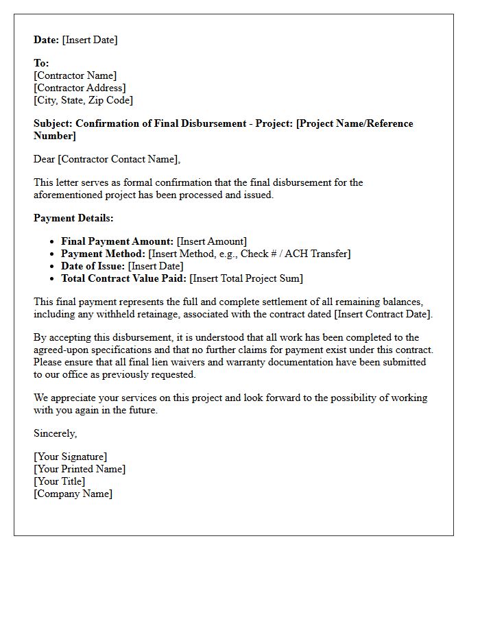 Final Contractor Disbursement Confirmation Letter