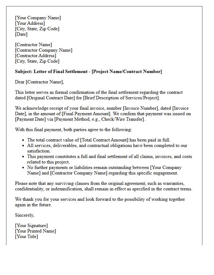 Letter Confirming Final Settlement of Contractor Account