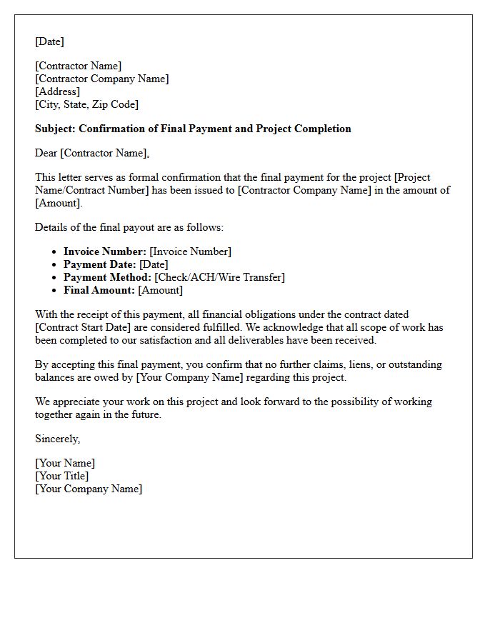 Letter of Confirmation for Final Contractor Payout