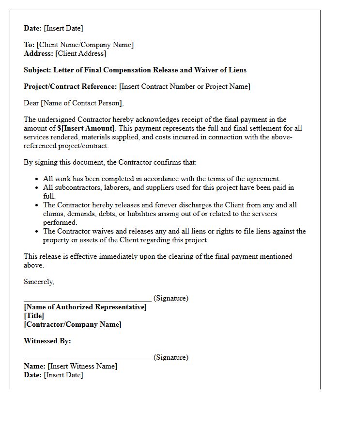 Letter of Final Compensation Release for Contractor Services