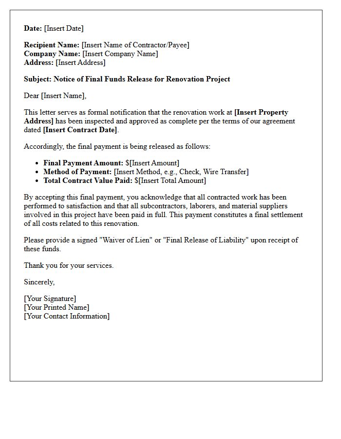 Letter of Final Funds Release for Property Renovation
