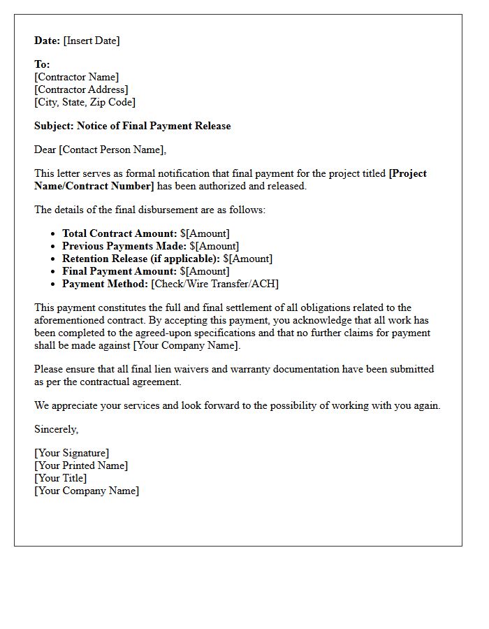 Letter of Final Payment Release to Contractor