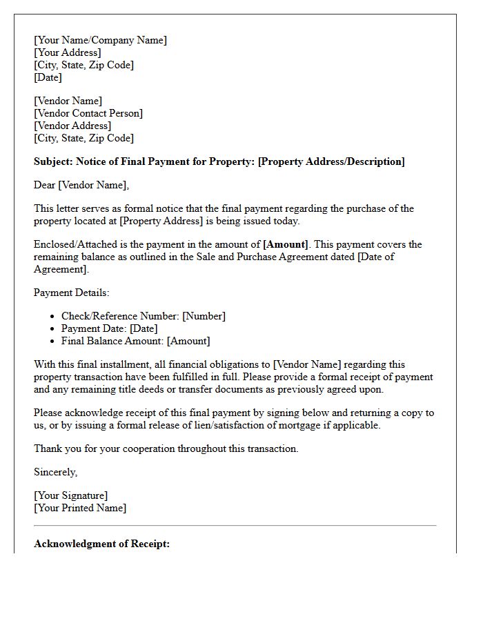 Notice and Letter of Final Payment to Property Vendor