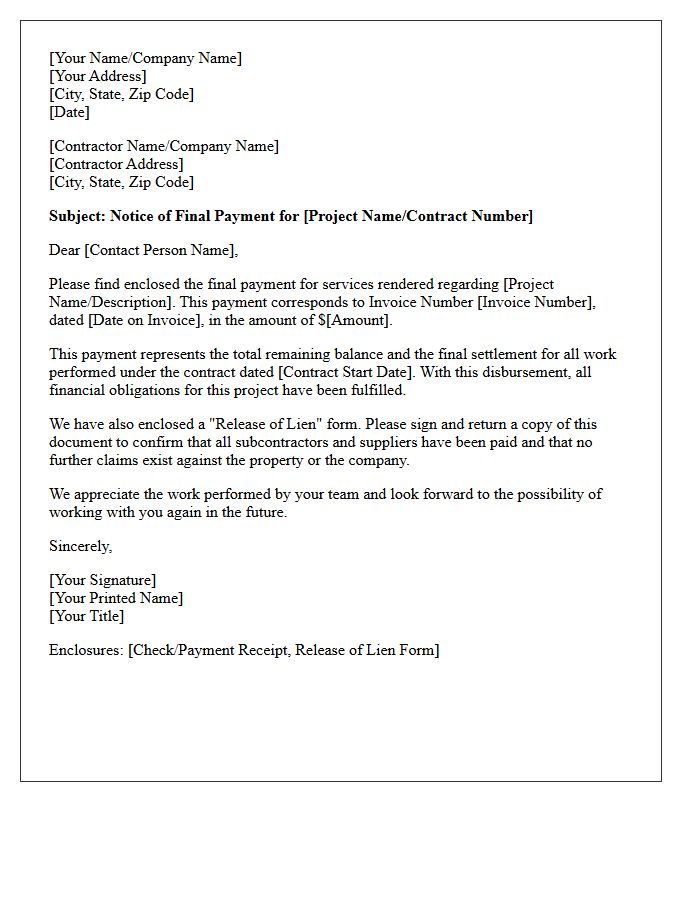 Official Letter of Final Invoice Payment to Contractor