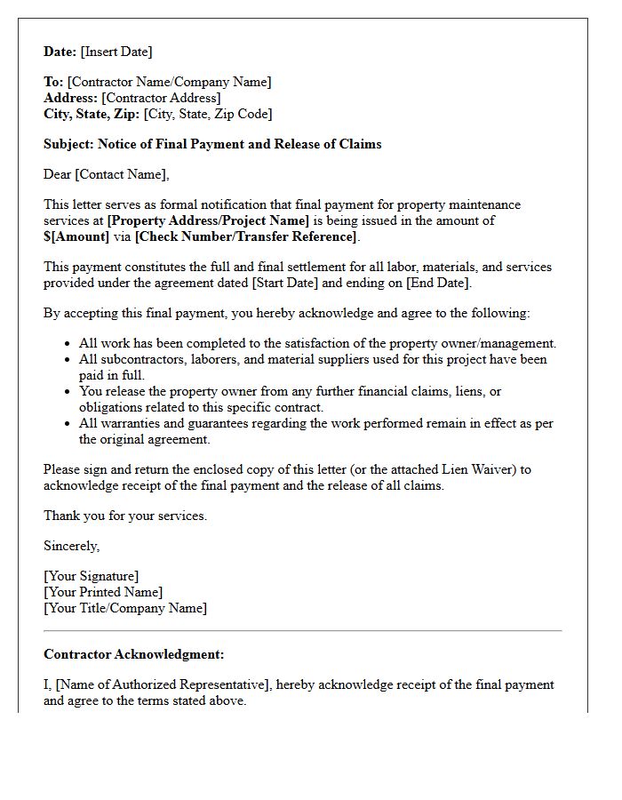 Property Maintenance Final Payment Release Letter