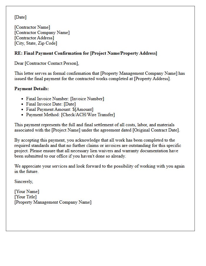Property Management Final Contractor Payment Confirmation Letter