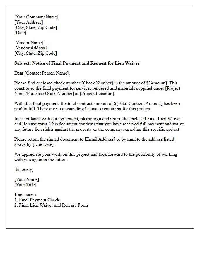Vendor Final Payment and Lien Waiver Confirmation Letter