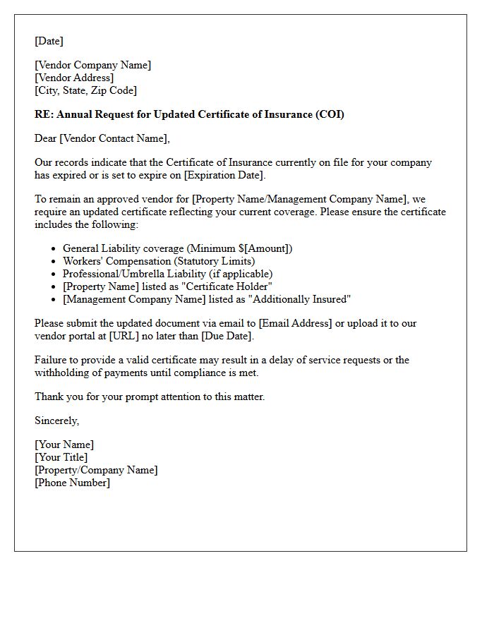 Annual Property Vendor Certificate of Liability Insurance Update Letter