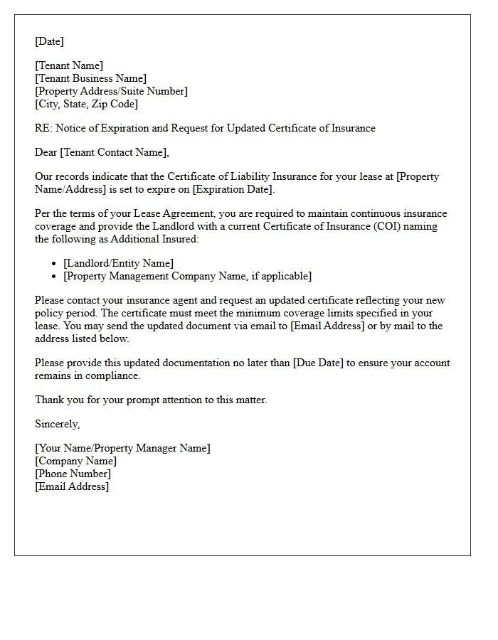 Commercial Tenant Certificate of Liability Insurance Renewal Letter