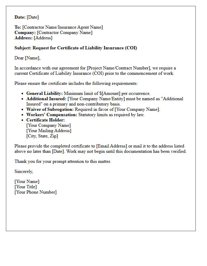 Contractor Additional Insured Certificate of Liability Insurance Request Letter