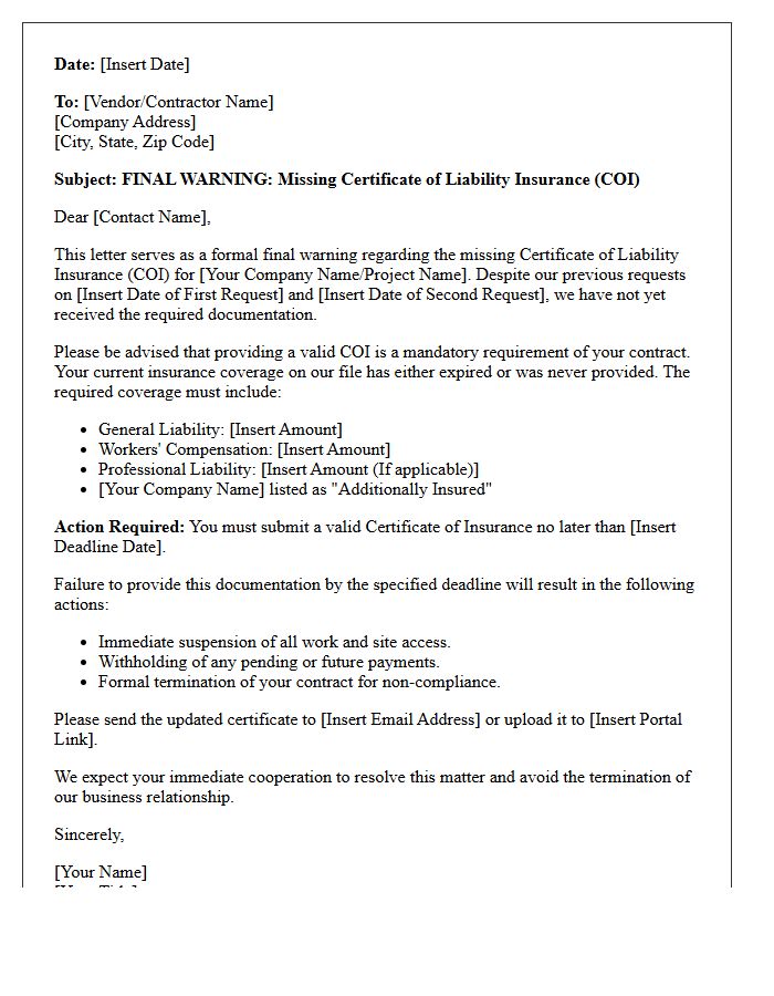 Final Warning for Missing Certificate of Liability Insurance Letter