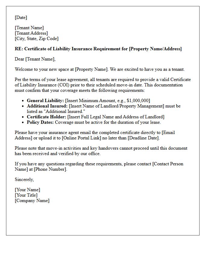 New Tenant Move-In Certificate of Liability Insurance Request Letter
