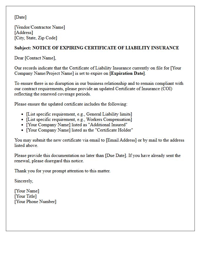 Notice of Expiring Certificate of Liability Insurance Reminder Letter