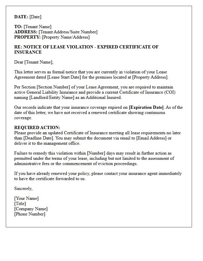 Notice of Lease Violation for Lapsed Certificate of Liability Insurance Letter