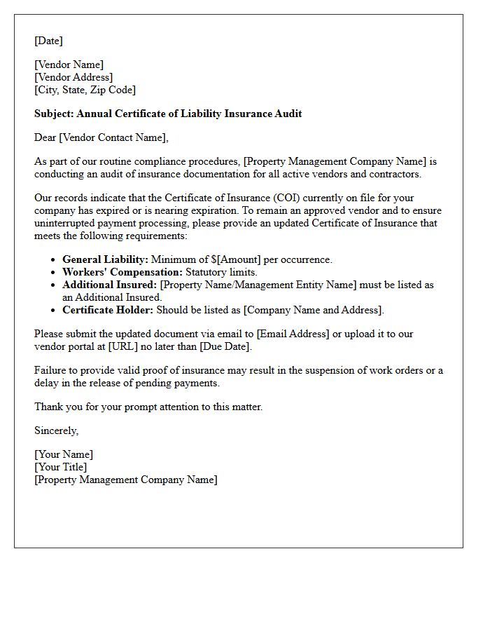 Property Management Routine Certificate of Liability Insurance Audit Letter