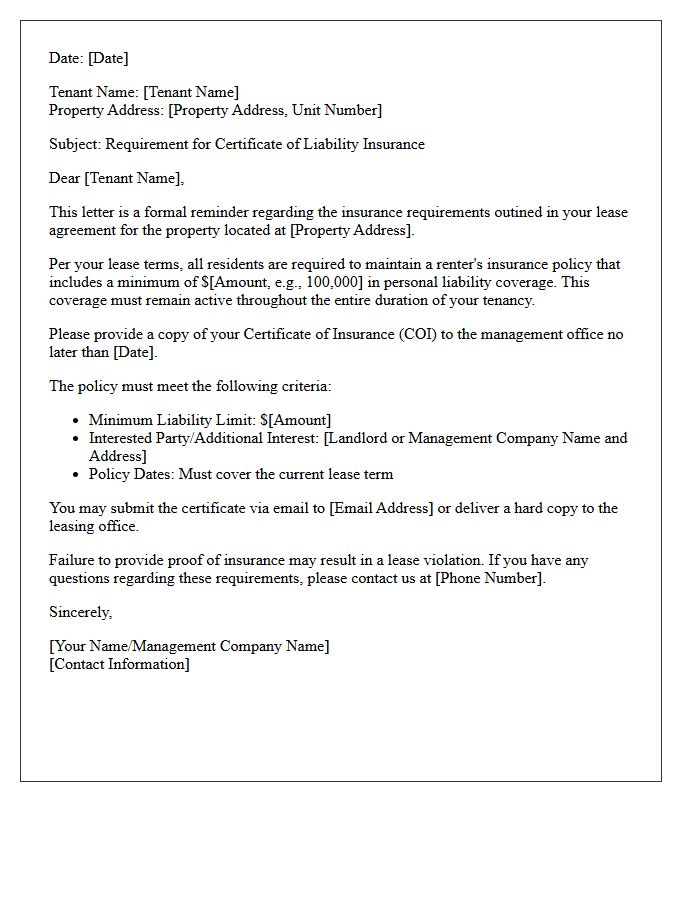 Residential Renter Certificate of Liability Insurance Requirement Letter