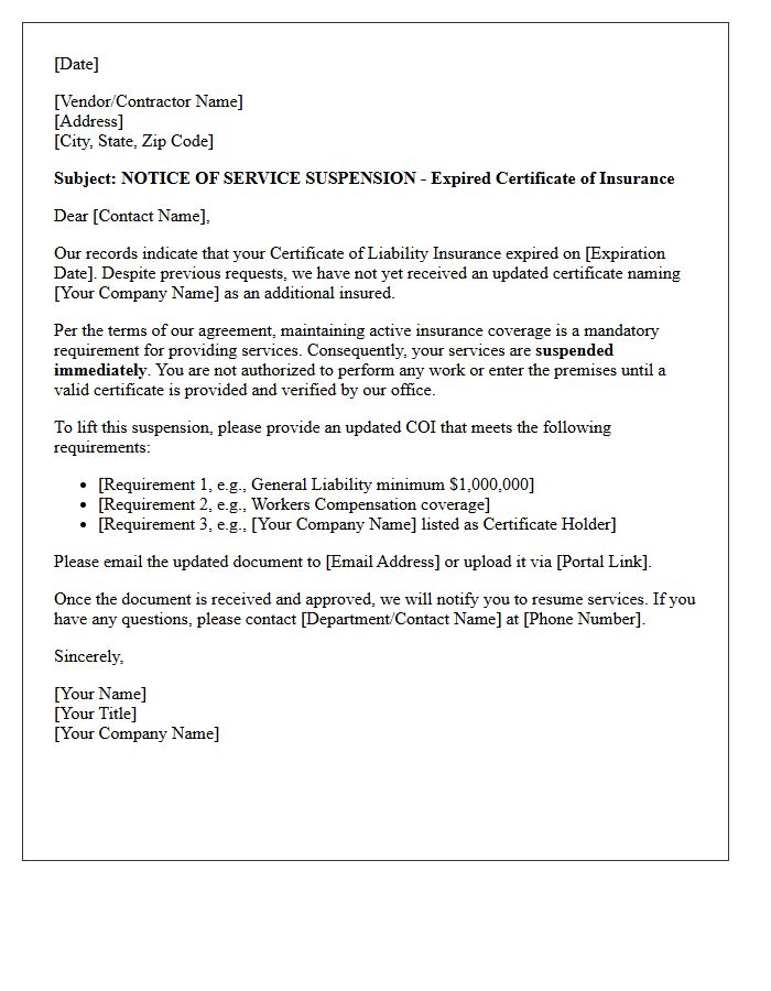 Service Suspension Due to Expired Certificate of Liability Insurance Letter