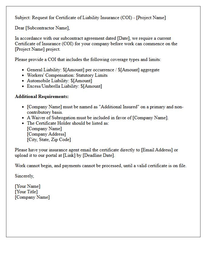 Subcontractor Proof of Certificate of Liability Insurance Request Letter