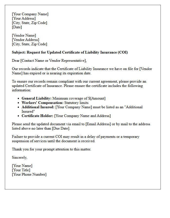 Vendor Updated Certificate of Liability Insurance Request Letter