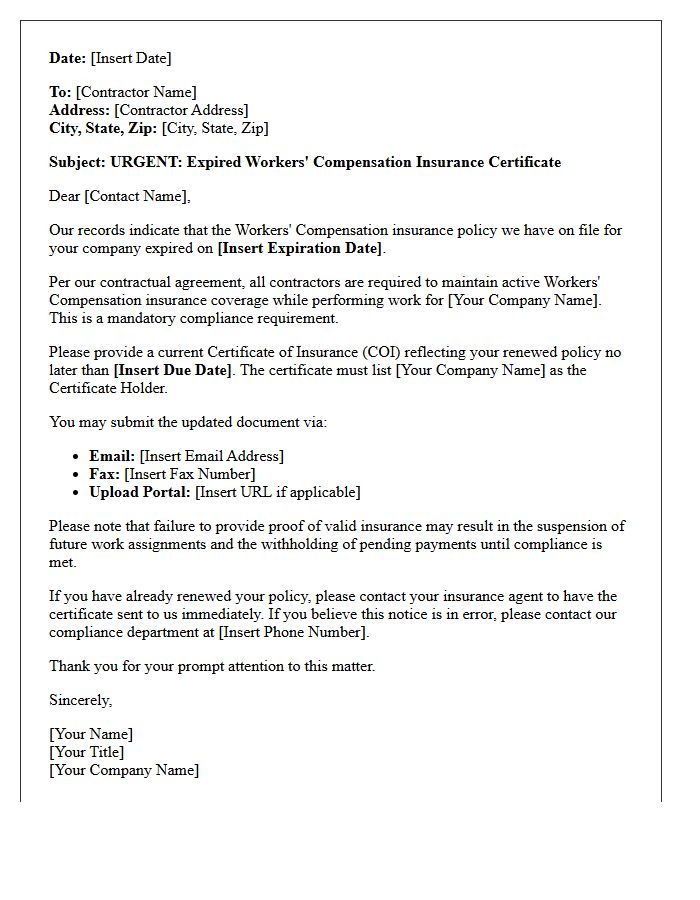 Contractor Compliance Request for Expired Workers Compensation Policy Letter