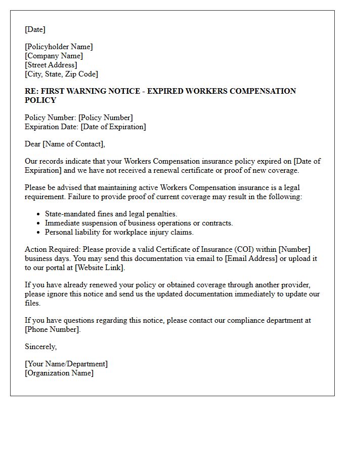First Warning Notice of Expired Workers Compensation Policy Letter