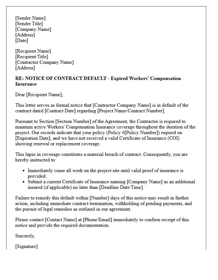 Notice of Contract Default Due to Expired Workers Compensation Policy Letter