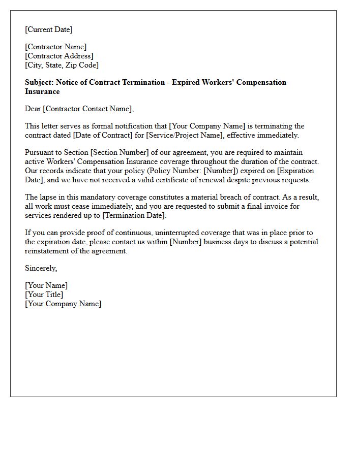 Notice of Contract Termination for Expired Workers Compensation Policy Letter
