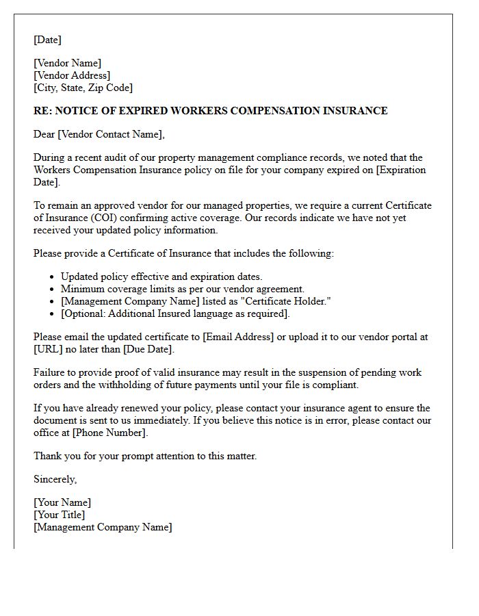 Property Management Audit Notice of Expired Workers Compensation Policy Letter