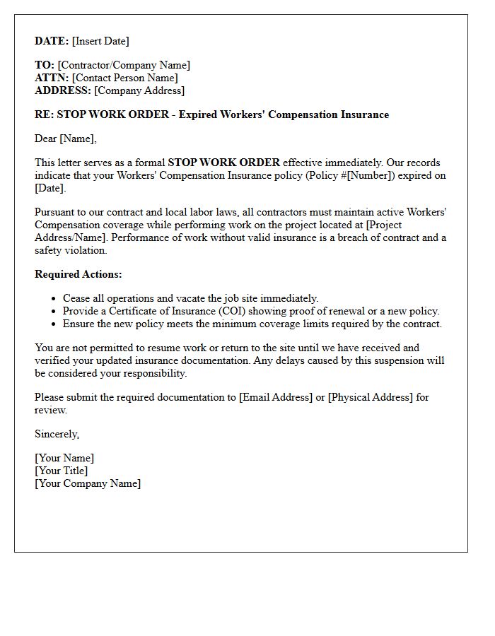 Stop Work Order for Expired Workers Compensation Policy Letter