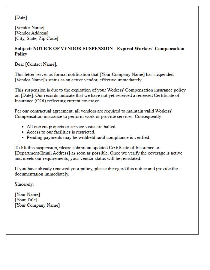 Vendor Suspension Due to Expired Workers Compensation Policy Letter