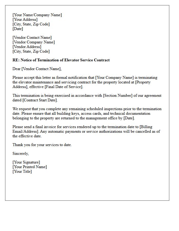 Elevator Servicing Vendor Contract Termination Letter