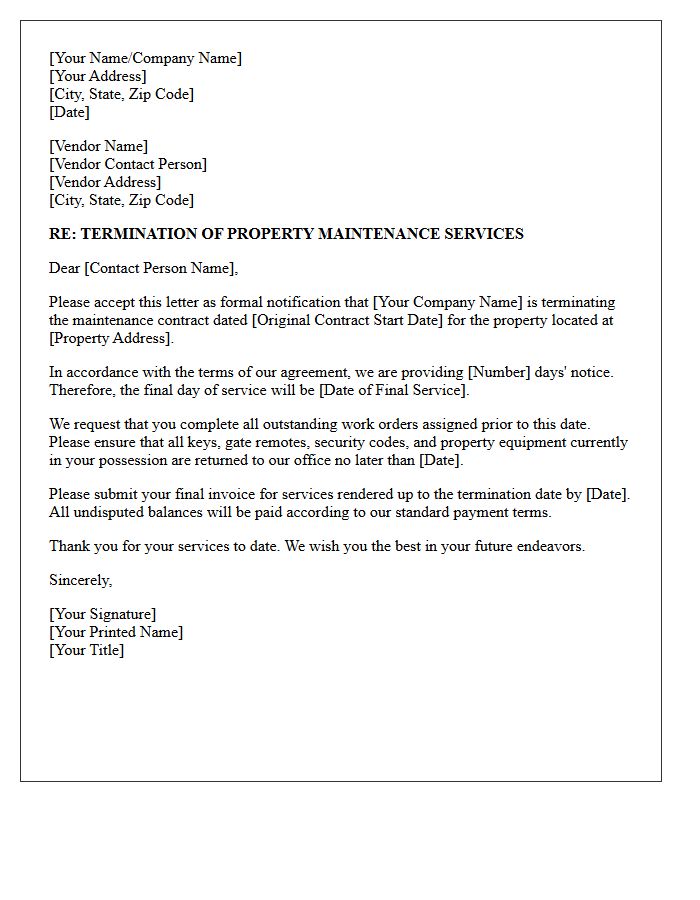 General Property Maintenance Vendor Contract Termination Letter