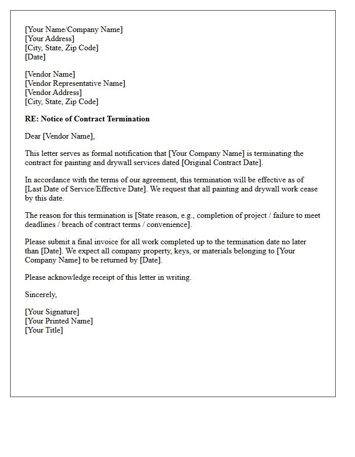 Painting and Drywall Vendor Contract Termination Letter