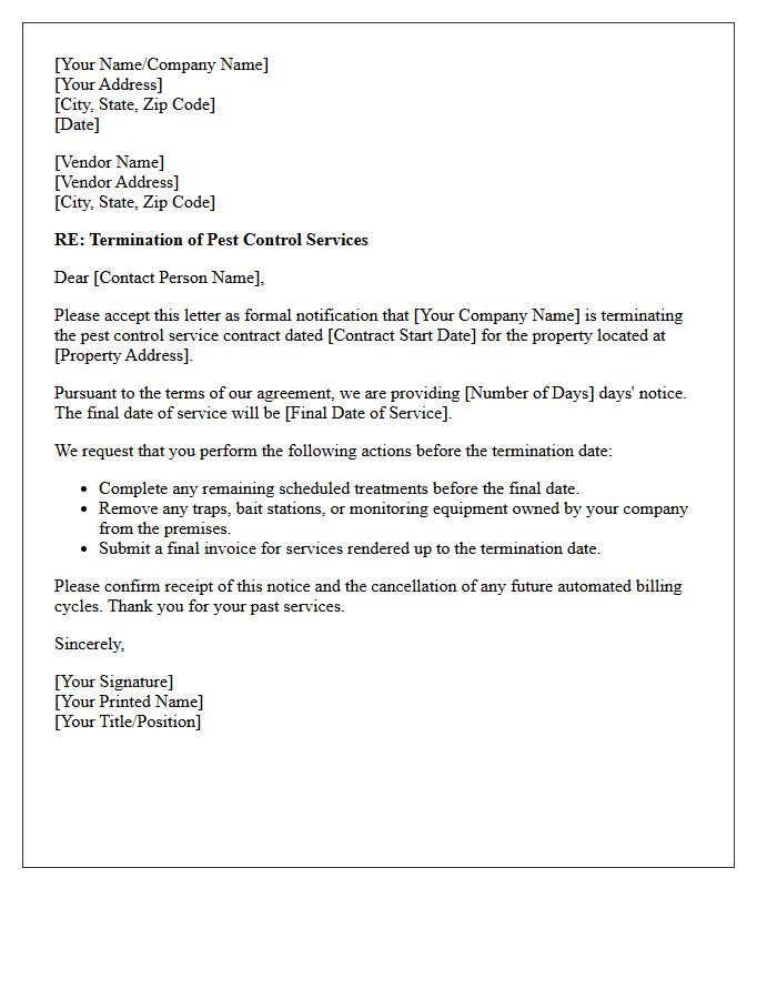 Pest Control Vendor Contract Termination Letter